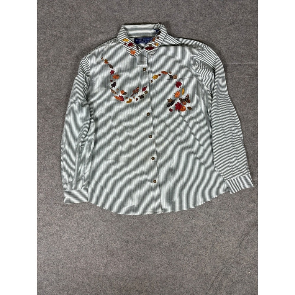 Karen Scott II 2X Green White Striped Fall Leaf Butterfly Embroidered Shirt‎